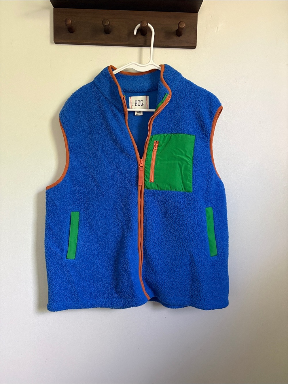 BDG Royal Blue Sherpa Vest with Green Pocket and Orange Trim